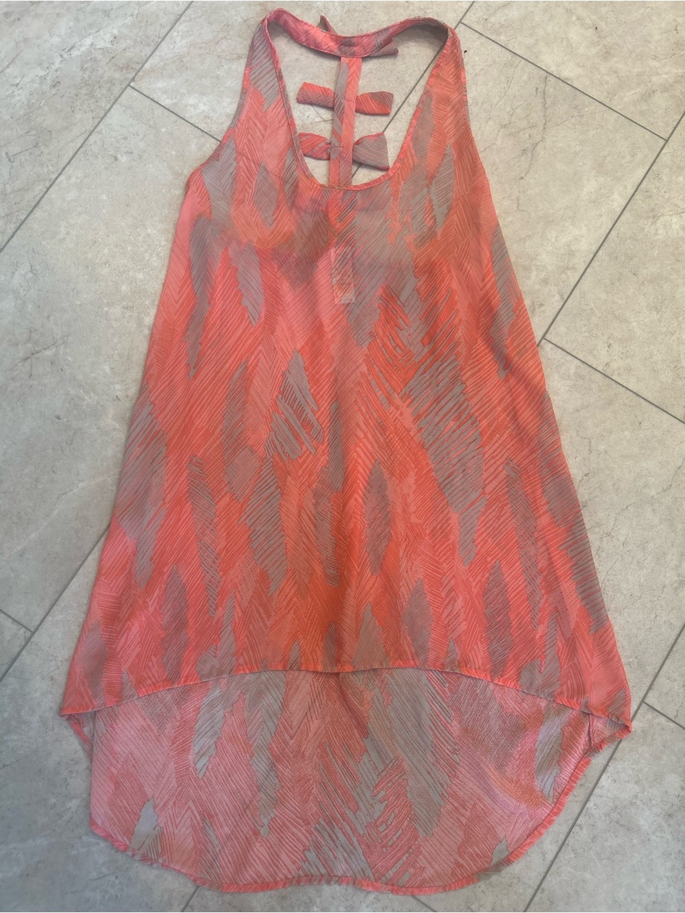 Miken Coral and Gray High-Low Sleeveless Bathing Suit Cover Up